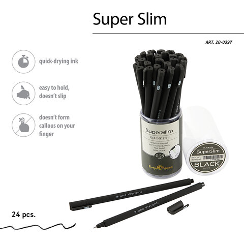 Ручка гелевая BRUNO VISCONTI «Super Slim Black», ЧЕРНАЯ, узел 0.28 мм, линия 0.2 мм