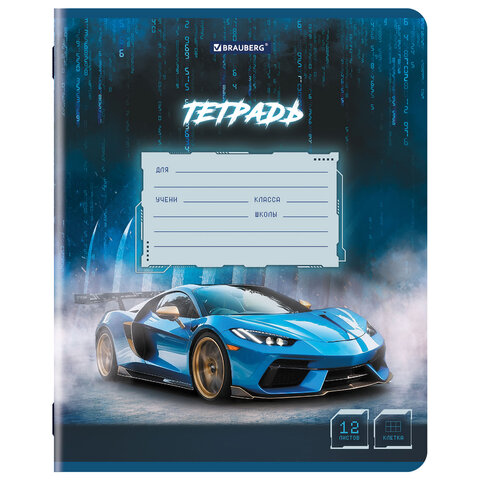 Тетрадь 12 л. BRAUBERG клетка, обложка картон, SPORT CARS