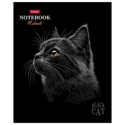 Тетрадь А5, 48 л., HATBER, скоба, клетка, матовая ламинация, 3D-лак, «Black Cat» (микс в спайке), 093159