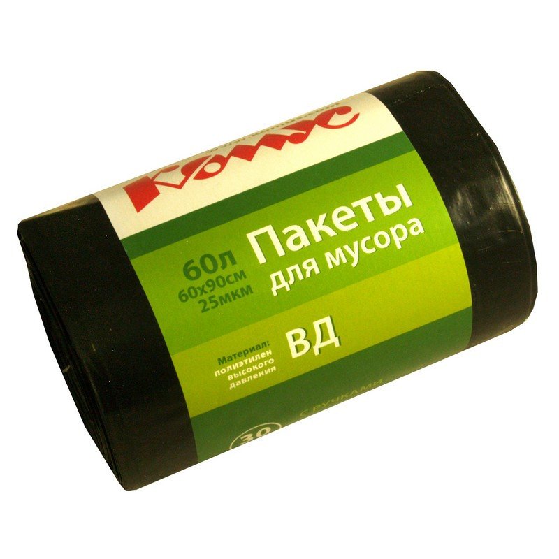 превью Мешки для мусора на 60 литров с ручками Комус черные (25 мкм, в рулоне 30 штук 60×90 см)