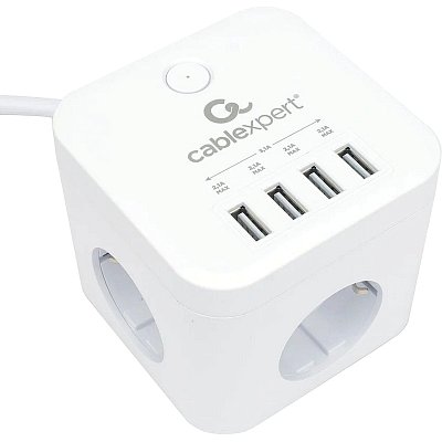 Сетевой фильтр Cablexpert Cube 3р/1.5м, 10А, 4хUSB, белый(CUBE-3-U4-W-1.5)