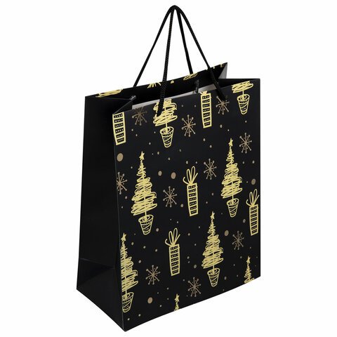превью Пакет подарочный (1 штука) новогодний 26×13x32 см, ЗОЛОТАЯ СКАЗКА «Black&Gold», фольга, чёрный