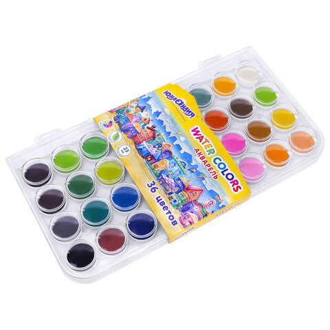 Краски акварельные ЮНЛАНДИЯ «ДОМИКИ», 36 цветов, круглые кюветы 23 мм, пенал