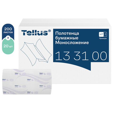 Полотенца бумажные 200 шт., Tellus/TORK (HT3) ПРЕМИУМ, КОМПЛЕКТ 20 пачек, 2-слойные, белые, 23×23 см, V-сложение