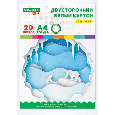 Картон белый А4 МЕЛОВАННЫЙ EXTRA (белый оборот) 20 листов папка, BRAUBERG KIDS, 203×283 мм