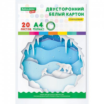 Картон белый А4 МЕЛОВАННЫЙ EXTRA (белый оборот) 20 листов папка, BRAUBERG KIDS, 203×283 мм