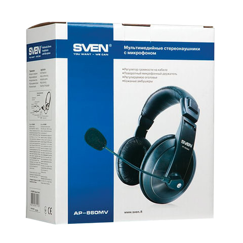 Наушники с микрофоном (гарнитура) SVEN AP-860MV, проводные, 2 м, с оголовьем, черные