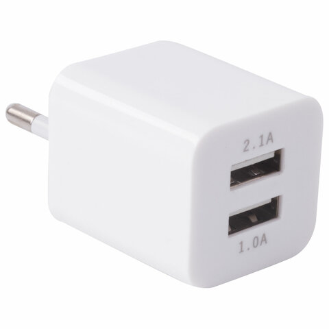 Зарядное устройство сетевое (220В) SONNEN, 2 порта USB, выходной ток 2.1 А, белое, 454797