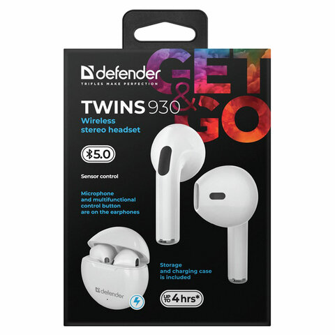 Наушники с микрофоном (гарнитура) DEFENDER TWINS 930, Bluetooth, беспроводные, белые, 