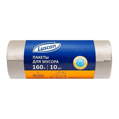 Мешки для мусора на 160 л Luscan прозрачные (ПВД, 60 мкм, в рулоне 10 шт, 90×110 см)