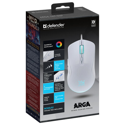 Мышь проводная DEFENDER Arga GM-049, 1200/1800/2400/3600 dpi, 5 кнопок + 1 колесо-кнопка, белый