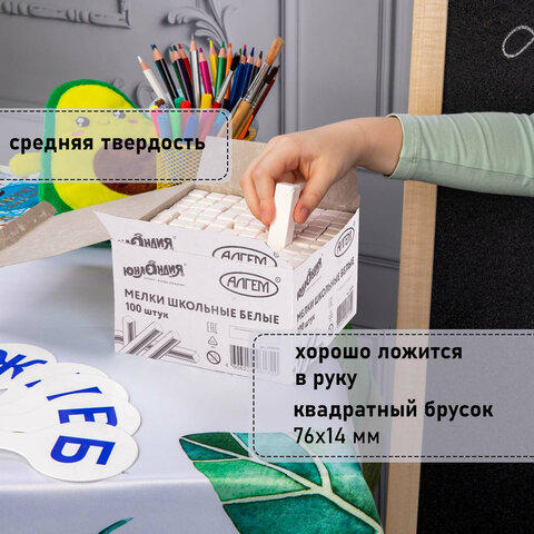 Мел белый ЮНЛАНДИЯ (Алгем+), натуральный, набор 100 штук, квадратный, 229070