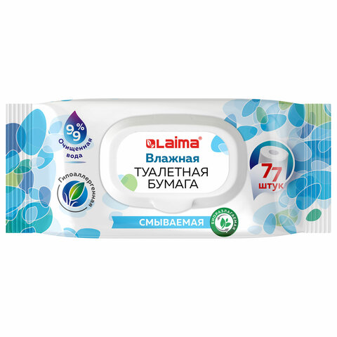 превью Бумага туалетная влажная 77 шт., БИОРАЗЛАГАЕМАЯ, смываемая, с пластиковым клапаном, LAIMA