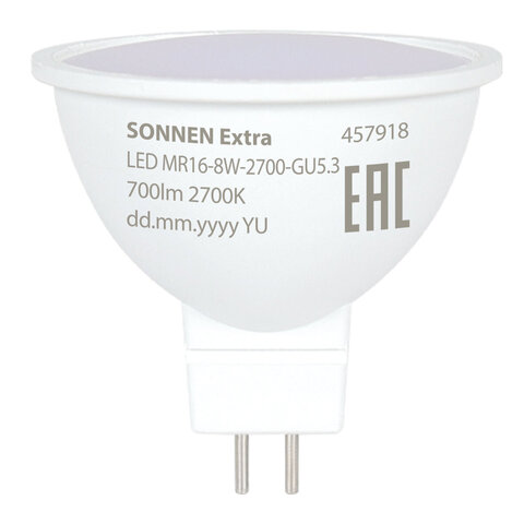 Лампа светодиодная SONNEN EXTRA, 8 (70) Вт, GU5.3, софит, теплый белый, 30000 ч, LED MR16-GU5.3-8W-2700