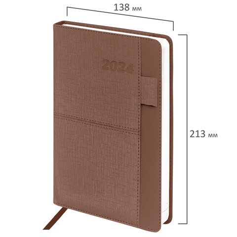 Ежедневник датированный 2024 А5 138×213мм BRAUBERG Pocket, под кожу, карм, держатель для ручки, коричневый