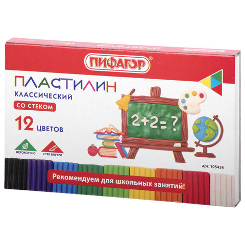 превью Пластилин классический ПИФАГОР ШКОЛЬНЫЙ, 12 цветов, 180 г, со стеком, 105434