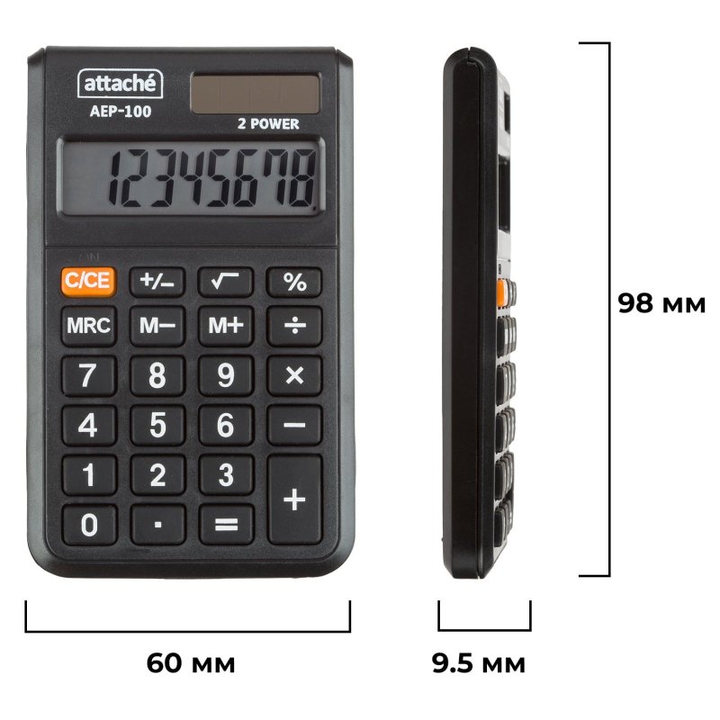 Калькулятор карманный Attache, AEP-100.8р, двойное питание, черн