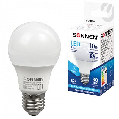 Лампа светодиодная SONNEN, 10 (85) Вт, цоколь Е27, грушевидная, холодный белый свет, LED A60-10W-4000-E27