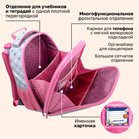 Ранец BRAUBERG UP, 2 отделения, с брелоком, «Милые коты», 36×28х15 см