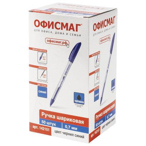 Ручка шариковая масляная ОФИСМАГ, СИНЯЯ, корпус прозрачный, узел 0.7 мм, линия письма 0.35 мм