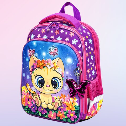 Ранец BRAUBERG QUADRO, 3 отделения, с брелком, «Charming kitten», 37×28х18 см
