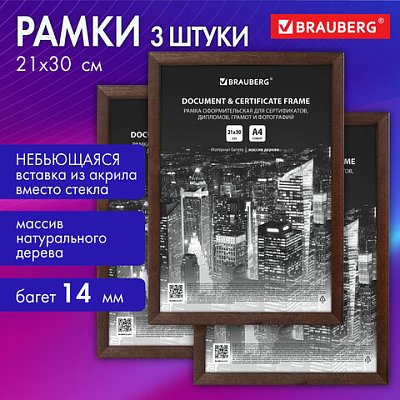 Рамка 21×30 см небьющаяся, КОМПЛЕКТ 3 шт., багет 14 мм дерево, BRAUBERG «Elegant», цвет венге