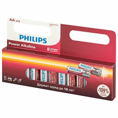Батарейки алкалиновые «пальчиковые» КОМПЛЕКТ 12 шт., PHILIPS Power Alkaline, АА (LR6, 24А), блистер