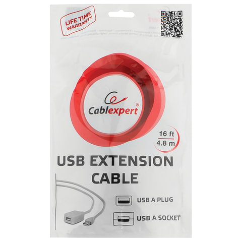 Кабель-удлинитель USB 2.0, 4.8 м, CABLEXPERT, AM-AF, для подключения периферии, активный