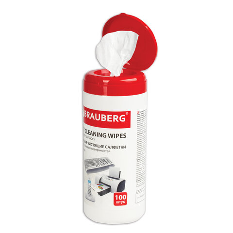 Чистящие салфетки BRAUBERG «Power Clean», в тубе, 100 шт., влажные, для пластика