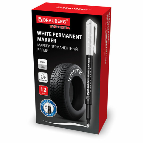 Маркер перманентный BRAUBERG WHITE EXTRA, БЕЛЫЙ, круглый наконечник 3 ...
