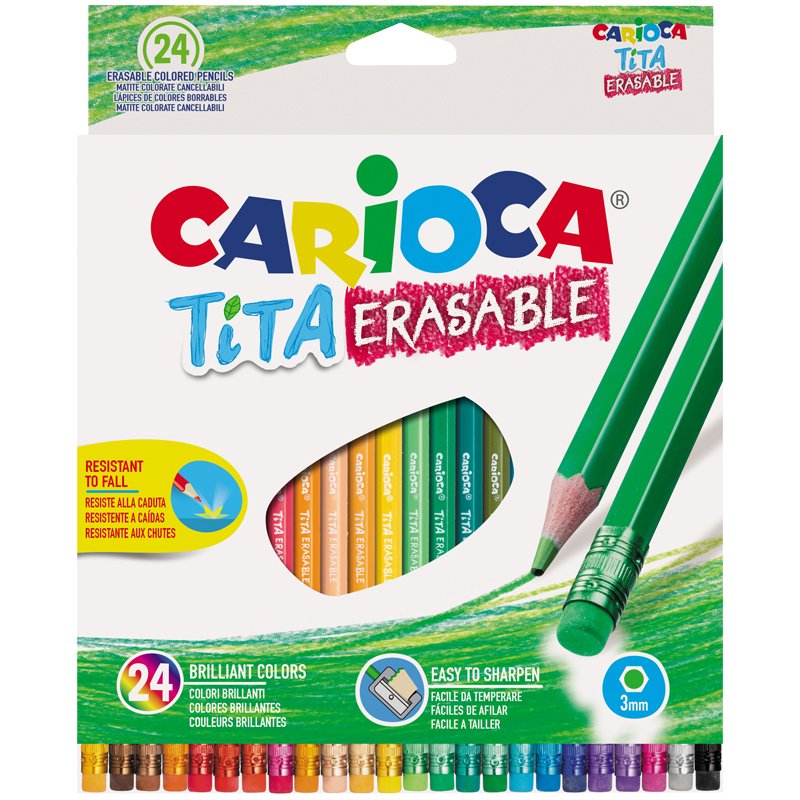 Карандаши цветные пластиковые стираемые Carioca «Tita Erasable», 24цв., заточен., картон, европодвес