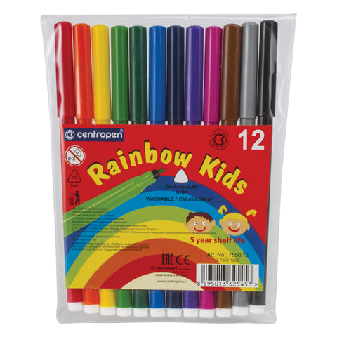 Фломастеры CENTROPEN «Rainbow Kids», 12 цветов, смываемые, эргономичные, вентилируемый колпачок