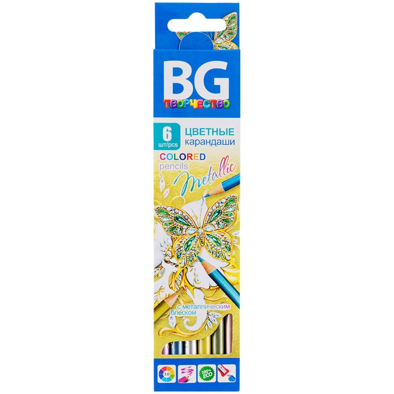 превью Карандаши цветные BG «Metallic», 06цв, круглые, 3.0мм, европодвес