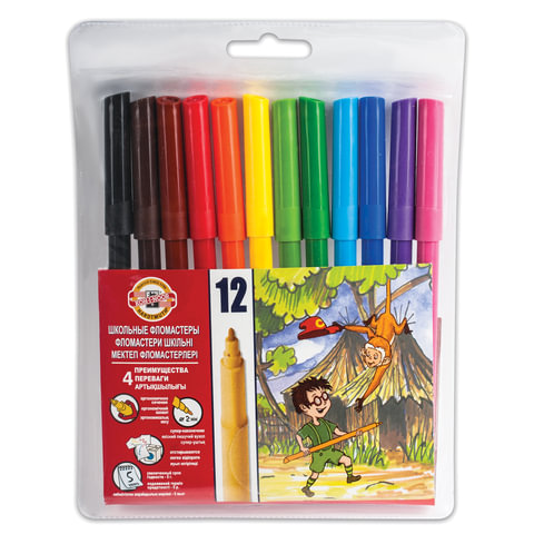 Фломастеры KOH-I-NOOR, 12 цв., школьные, смываемые, трехгранные, пластиковая упаковка, европодвес