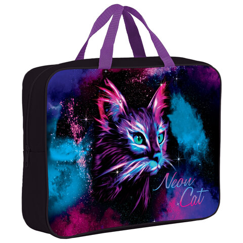 превью Папка на молнии с ручками BRAUBERG А4, 1 отделение, полиэстер, 80 мм, «Neon cat»