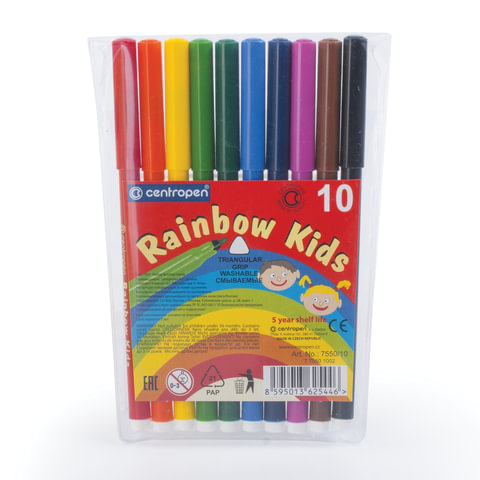 Фломастеры CENTROPEN «Rainbow Kids», 10 цветов, смываемые, эргономичные, вентилируемый колпачок