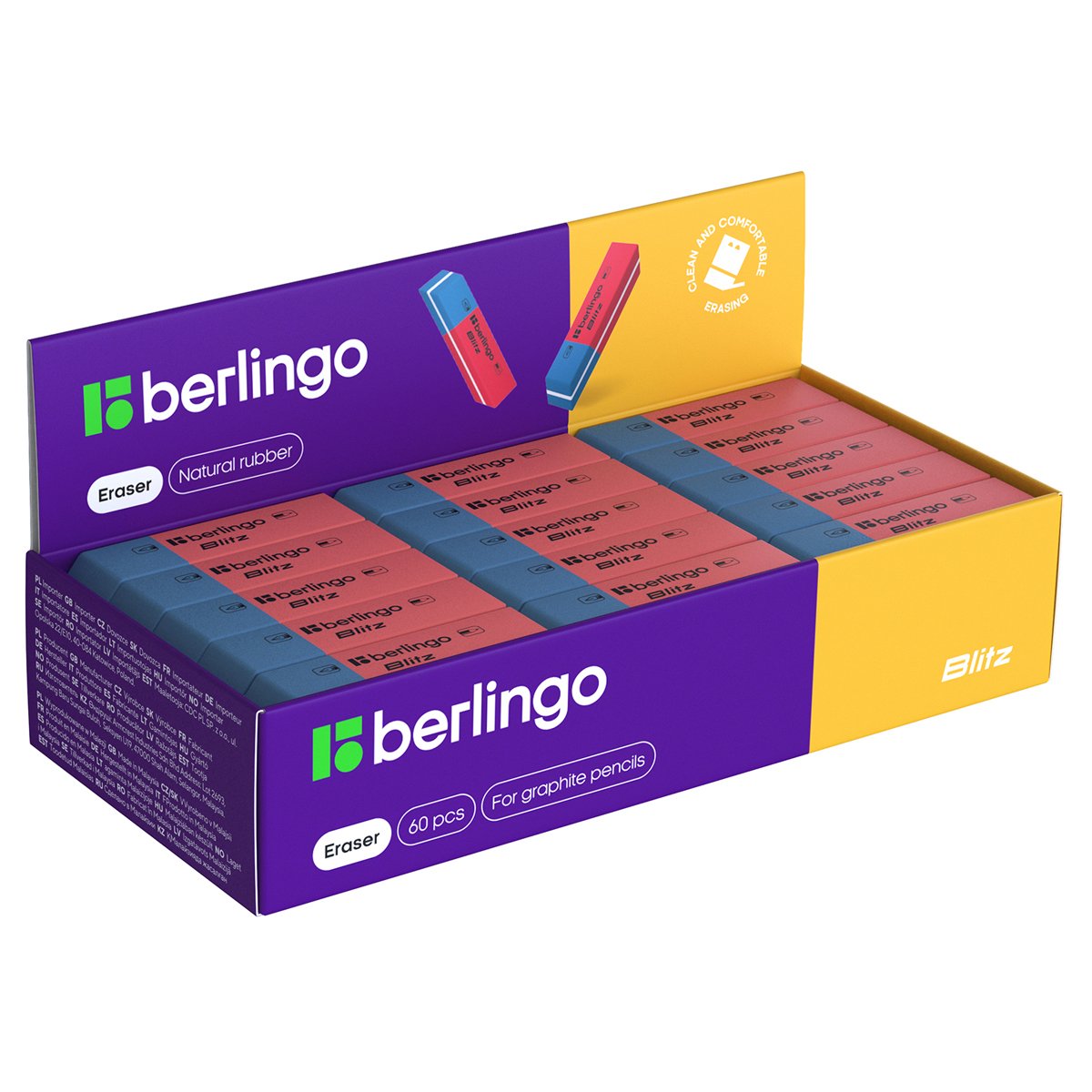 Ластик Berlingo «Blitz», скошенный, комбинированный, натуральный каучук, 54×14×8мм