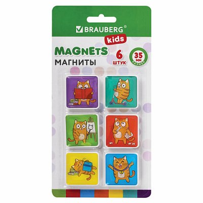 Магниты квадратные стеклянные 35 мм, НАБОР 6 шт., «КОТ-ЭНТУЗИАСТ», BRAUBERG KIDS, блистер