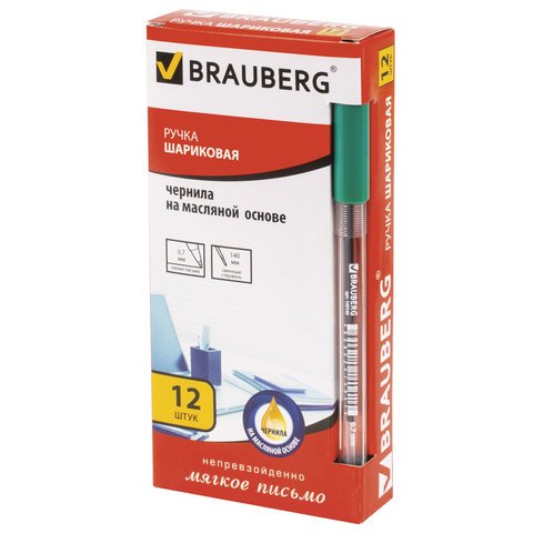 Ручка шариковая масляная BRAUBERG «Rite-Oil», ЗЕЛЕНАЯ, корпус прозрачный, узел 0.7 мм, линия письма 0.35 мм