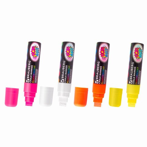 Маркеры меловые BRAUBERG «POP-ART», НАБОР 4 шт., сухостираемые, для гладких поверхностей, 15 мм, АССОРТИ, 151545