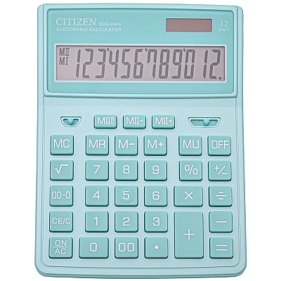 Калькулятор настольный Citizen SDC-444XRGNE, 12 разрядов, двойное питание, 155×204×33мм, бирюзовый