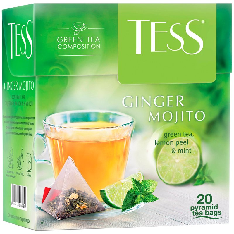 Чай TESS «Ginger Mojito», зеленый с ароматом мяты и лайма, 20 пирамидок по 1.8 г
