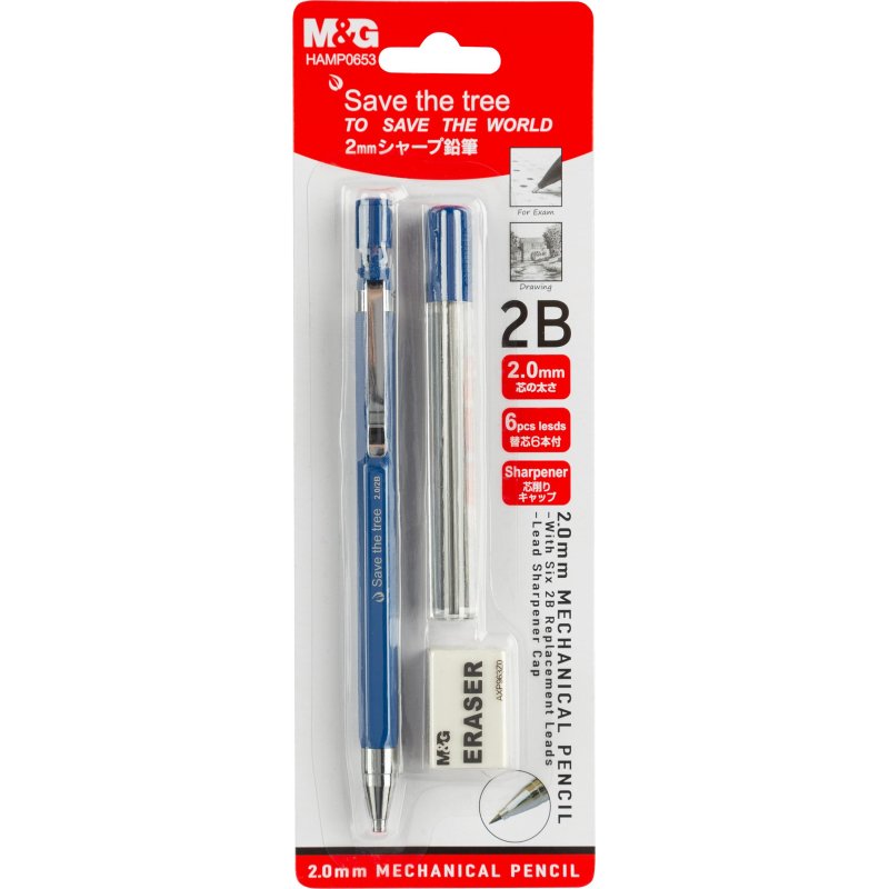 Карандаш механический M&G 2мм 6 смен. гриф, ласт. в наб, блис, асс HAMP0653