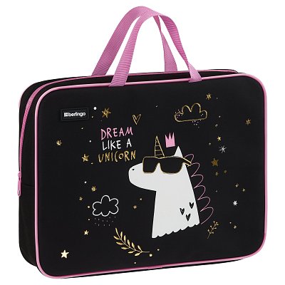 Папка текстильная с ручками 1 отделение, А4 Berlingo «Dream Like A Unicorn», 350×265×80мм, текстиль, на молнии