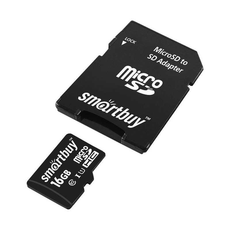Карта памяти micro SDHC, 16 GB, SMARTBUY, 10 Мб/сек. (class 10), с адаптером