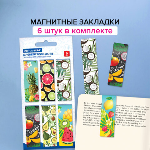 Закладки для книг МАГНИТНЫЕ, «FRUITS», набор 6 шт., 60×20 мм, BRAUBERG