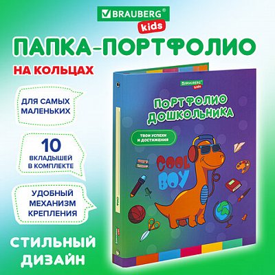 Папка-портфолио дошкольника «ДИНОЗАВР», 4 кольца, 20 файлов, 10 вкладышей, 7БЦ матовая, BRAUBERG KIDS