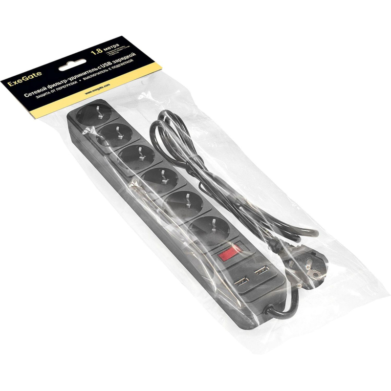 Сетевой фильтр ExeGate SP-6-USB-1.8B 6р/1.8м, 2 USB, черный(EX295492RUS)