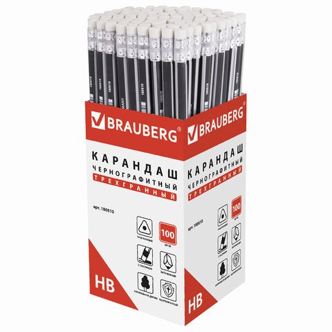 Карандаш ч/гр BRAUBERG НВ, трехгранный, чер. и сереб., с резинкой, заточенный, карт. упак.