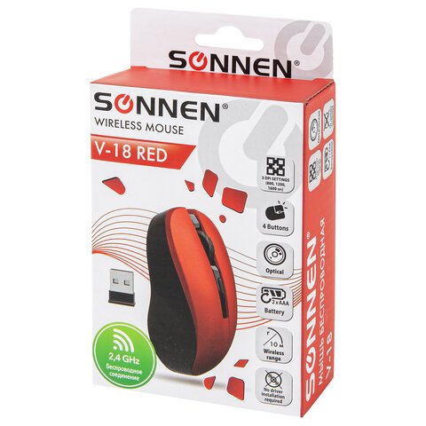 Мышь беспроводная с бесшумным кликом SONNEN V18, USB, 800/1200/1600 dpi, 4 кнопки, красная